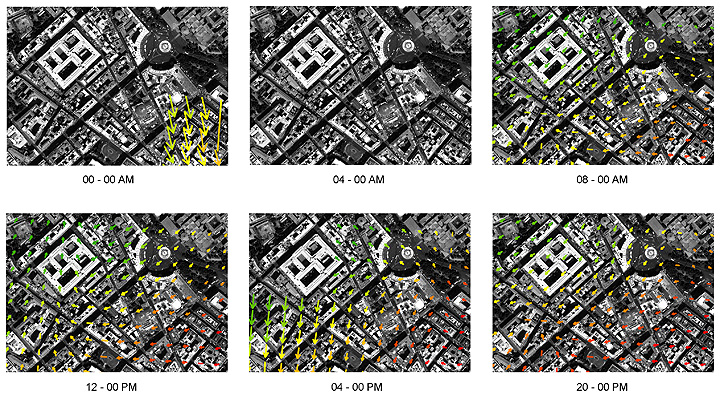 Movement dynamics of cellular phone users at different times of a day in neihborhood scale